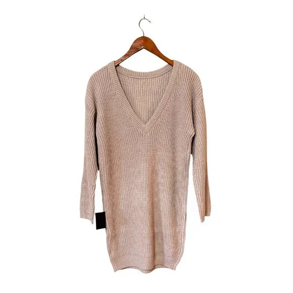 NWT Lulu’s backless/reversible V Knit Sweater Mini Dress Beige Ribbed Small - Picture 2 of 7